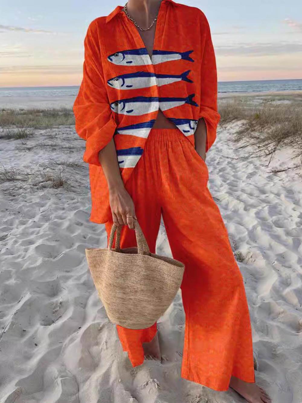 Women's casual print oversized shirt and wide-leg pants matching set, soft breathable two-piece outfit