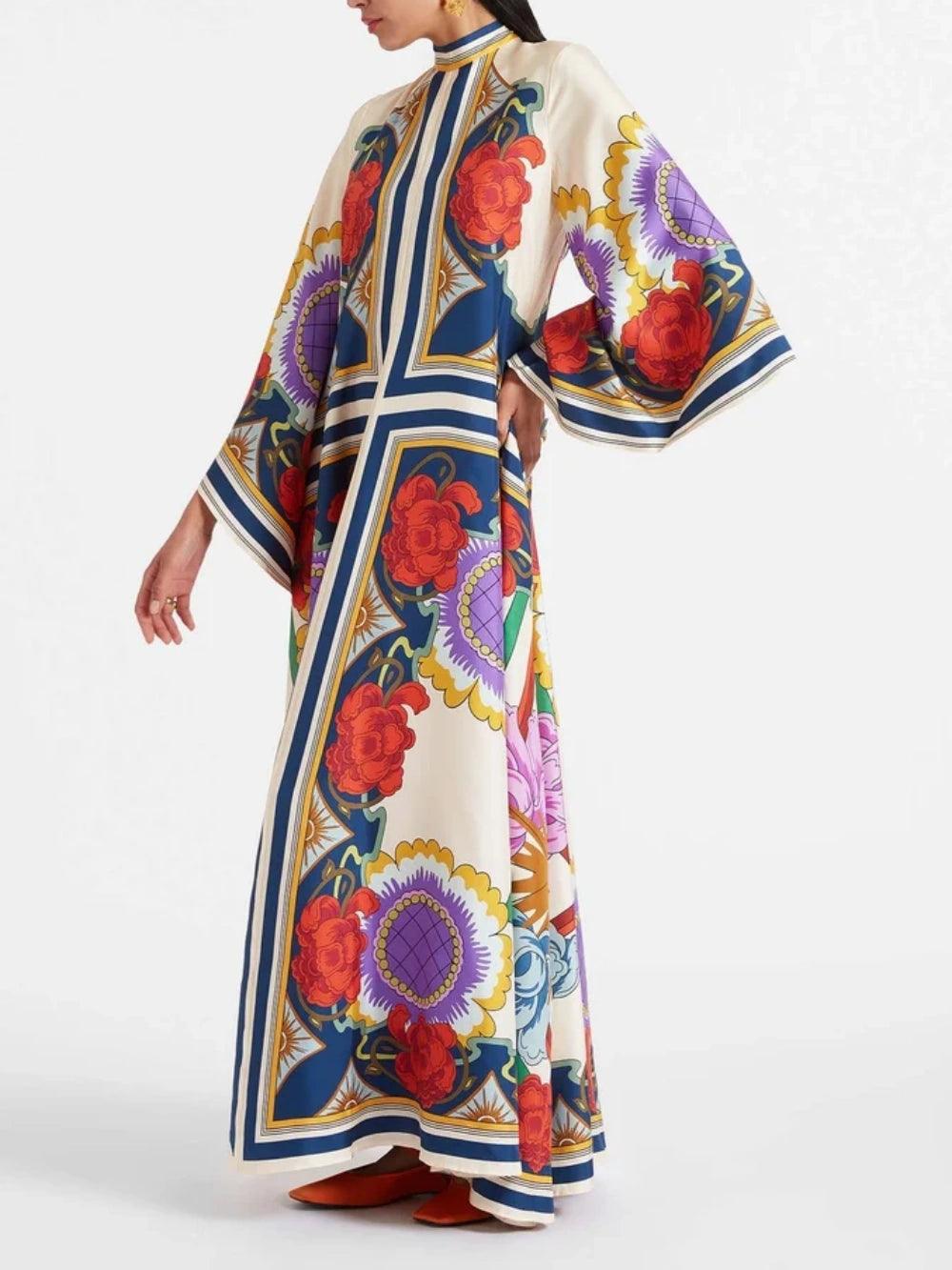 Floral print maxi dress with draped waterfall sleeves, V-neck loose fit, vacation-ready women's style