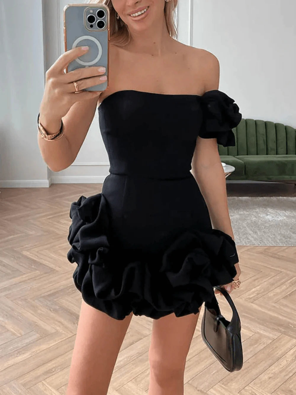 Women's chic off-shoulder mini dress with ruffled flower bud waist detail, thigh-length party wear