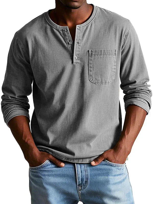 Men's casual long sleeve Henley shirt classic neckline button-down collar soft breathable everyday comfort