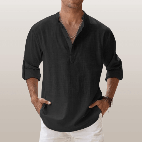 Men's beige linen blend Henley shirt, regular fit long sleeves with classic button placket