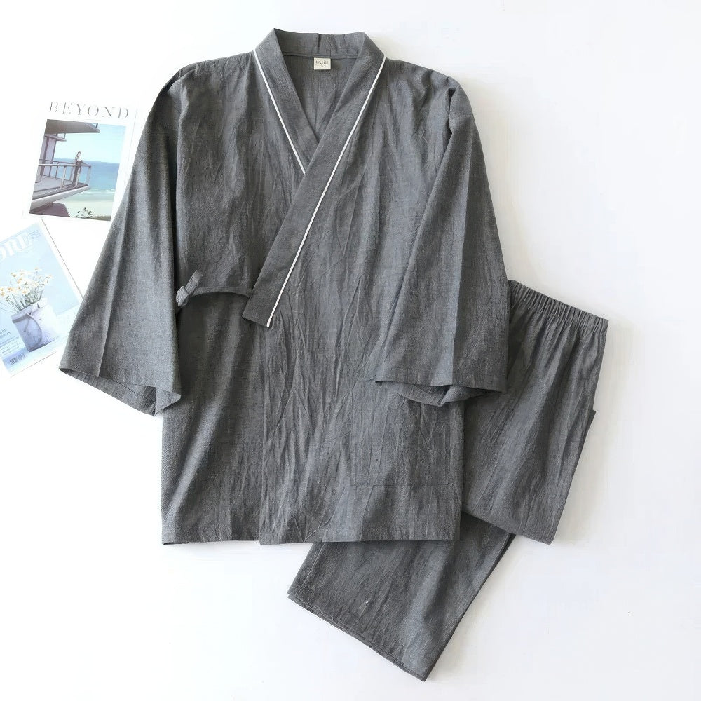 Men's Japanese kimono pajamas two-piece loungewear set in neutral tones with wrap-style silhouette
