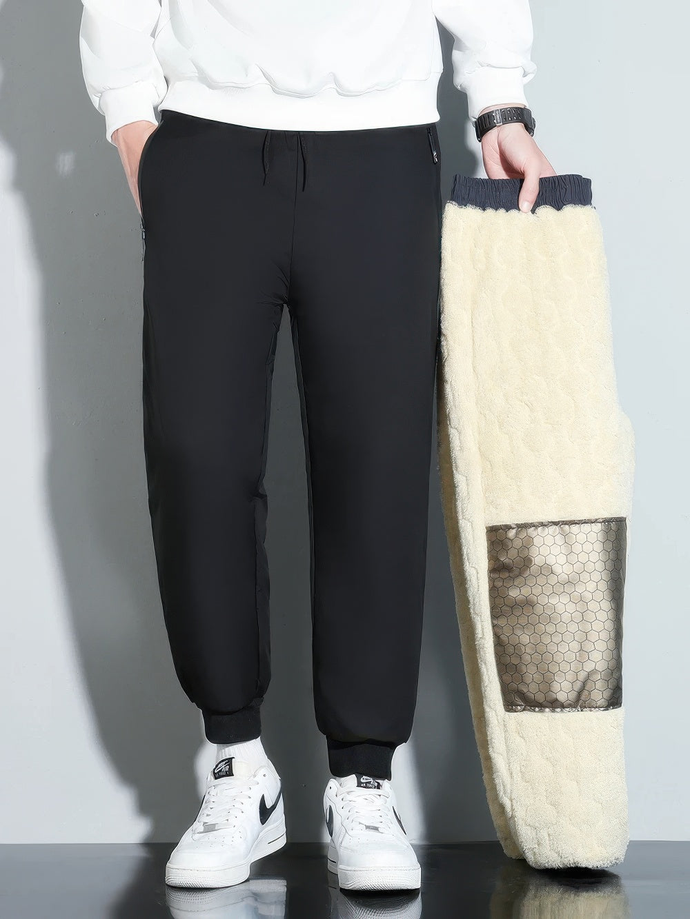 Men's windproof fleece-lined joggers regular fit warm versatile pants for workouts and daily wear