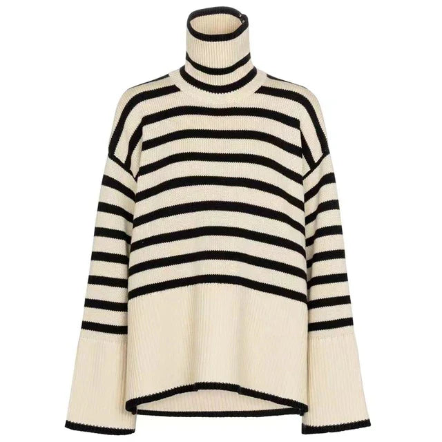 Women's striped turtleneck sweater in cozy knit with contemporary colorblock stripes for everyday style