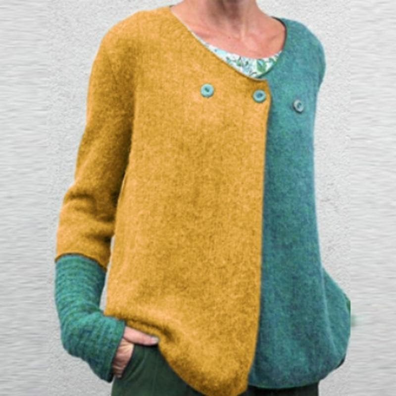 Women's color block relaxed fit sweater with scoop neck, drop shoulders, and button front