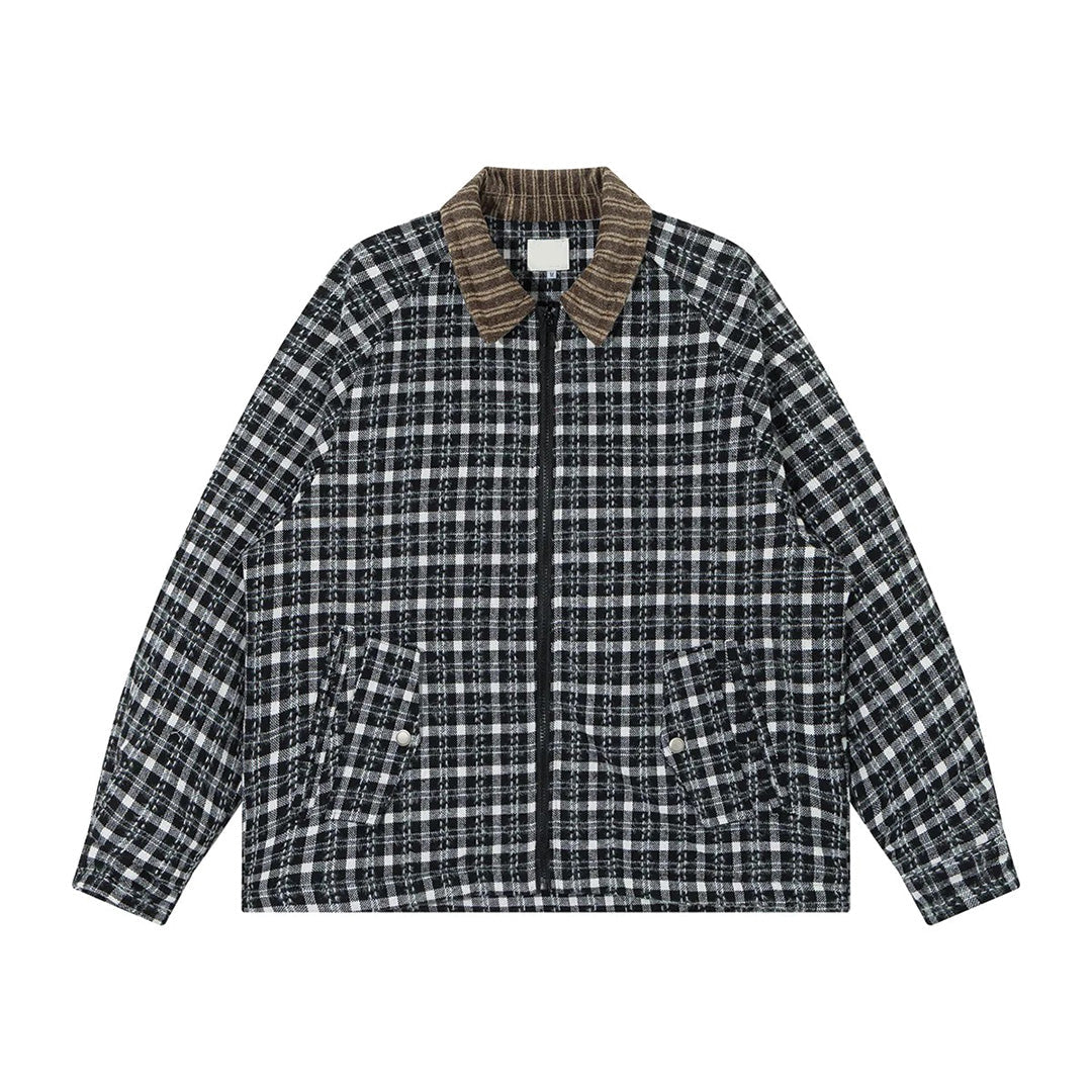 Plaid midweight cotton work jacket with corduroy collar, relaxed fit, and snap pockets for professionals
