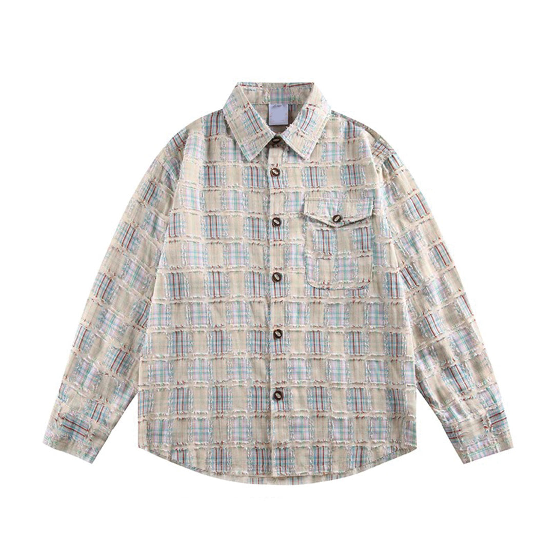 Men's cotton check shirt relaxed fit turn-down collar textured pattern everyday casual style