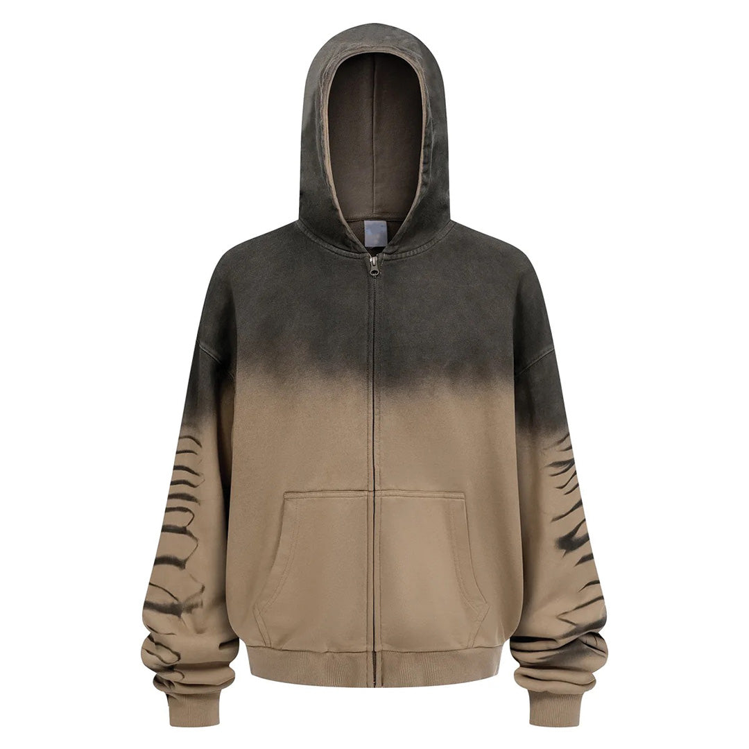 Gradient hand-dyed full-zip hoodie relaxed fit plush cotton with multicolor dip-dye finish