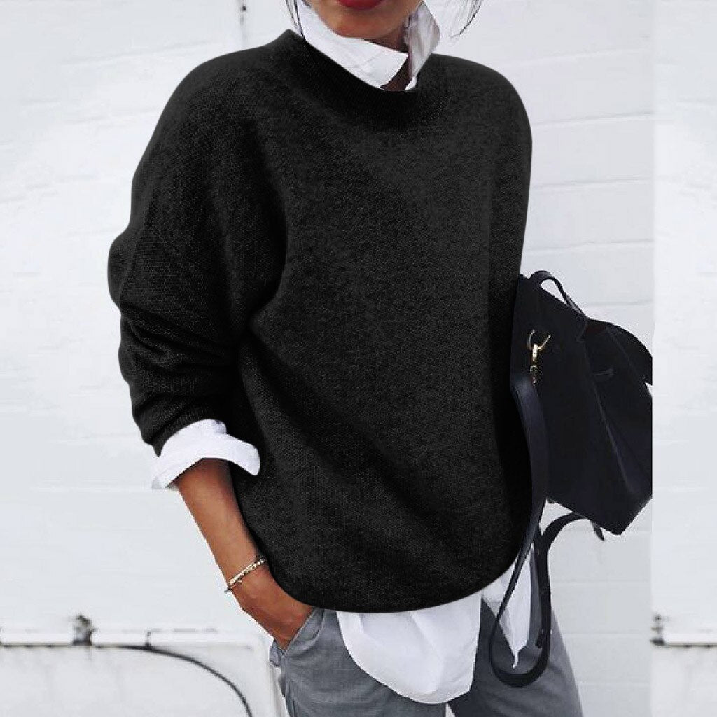Women's relaxed-fit knit pullover sweater in neutral tone with breathable open-knit construction