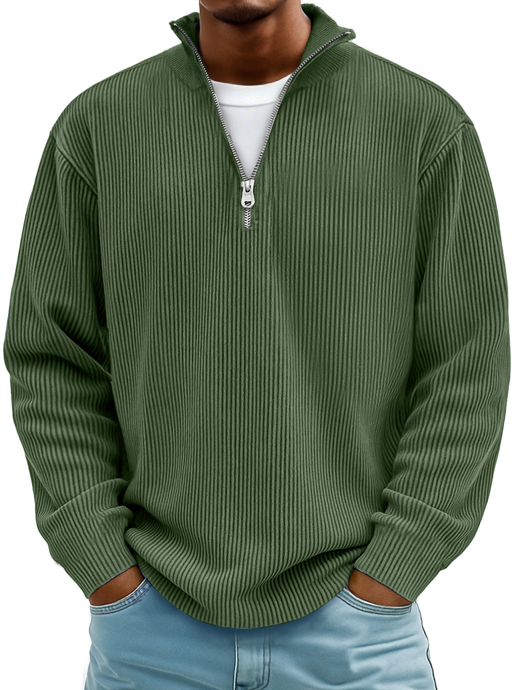 Men's ribbed half-zip winter sweater in neutral tone, modern slim fit with textured knit detail