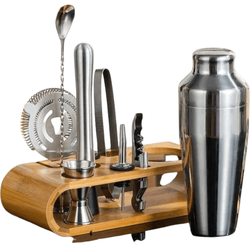 10-piece stainless steel cocktail shaker set with warm wooden stand for home bar hosting