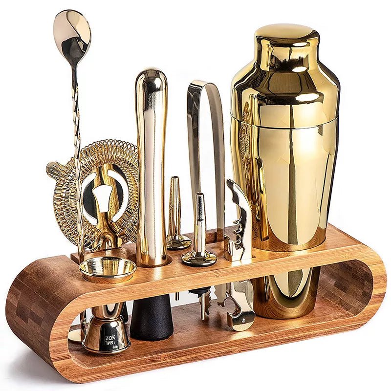 10-piece stainless steel cocktail shaker set with warm wooden stand for home bar hosting