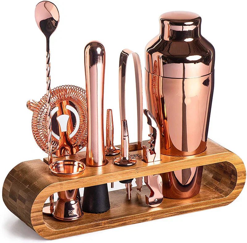 10-piece stainless steel cocktail shaker set with warm wooden stand for home bar hosting