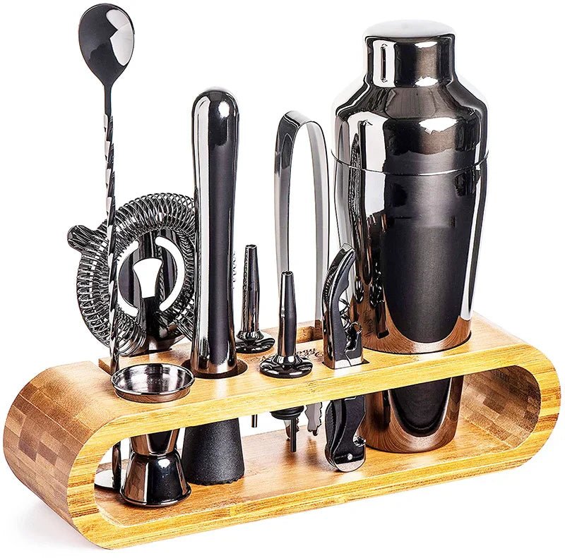 10-piece stainless steel cocktail shaker set with warm wooden stand for home bar hosting