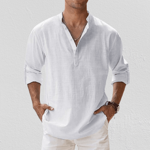 Men's linen blend Henley shirt in relaxed regular fit with long sleeves and classic button placket