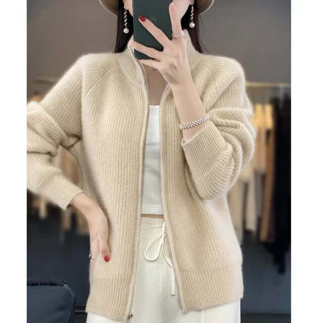 Women's soft knit zipper sweater in cozy casual style with adjustable front zipper for versatile layering