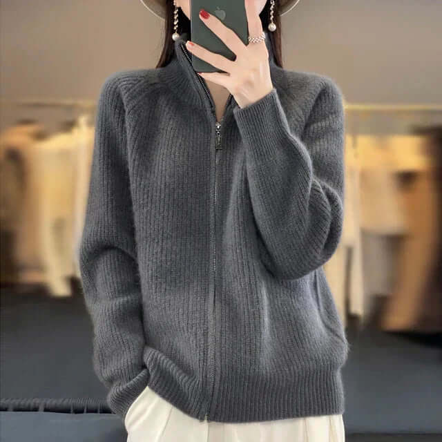 Women's soft knit zipper sweater in cozy casual style with adjustable front zipper for versatile layering
