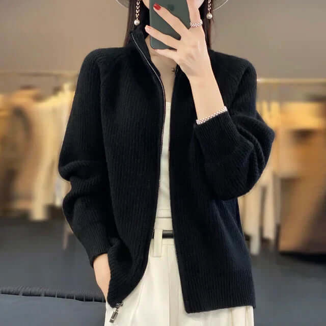 Women's soft knit zipper sweater cozy casual layering style with adjustable zip closure