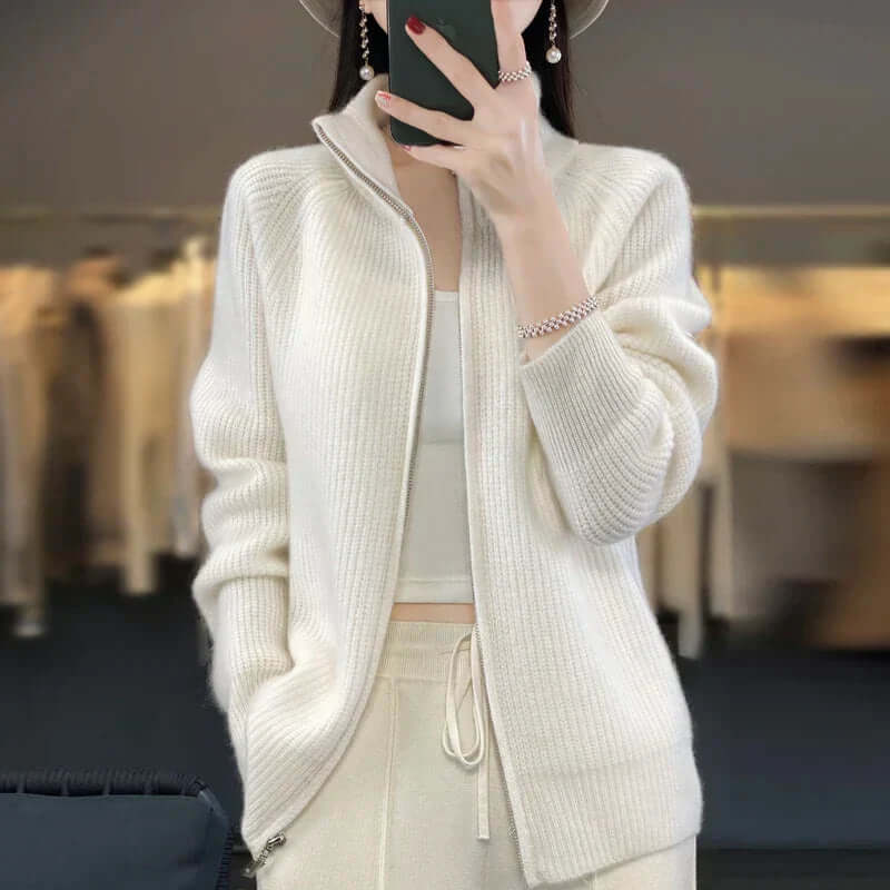 Women's soft knit zipper sweater cozy casual layering style with adjustable zip closure