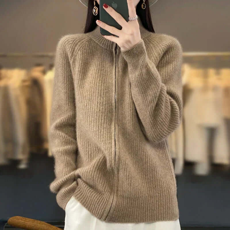 Women's soft knit zipper sweater in cozy casual style with adjustable front zipper for versatile layering