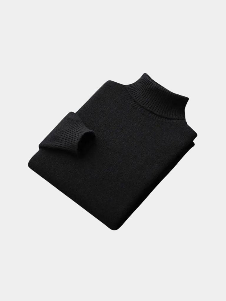 Ivory ribbed turtleneck sweater slim-fit office style with high snug collar and soft knit texture