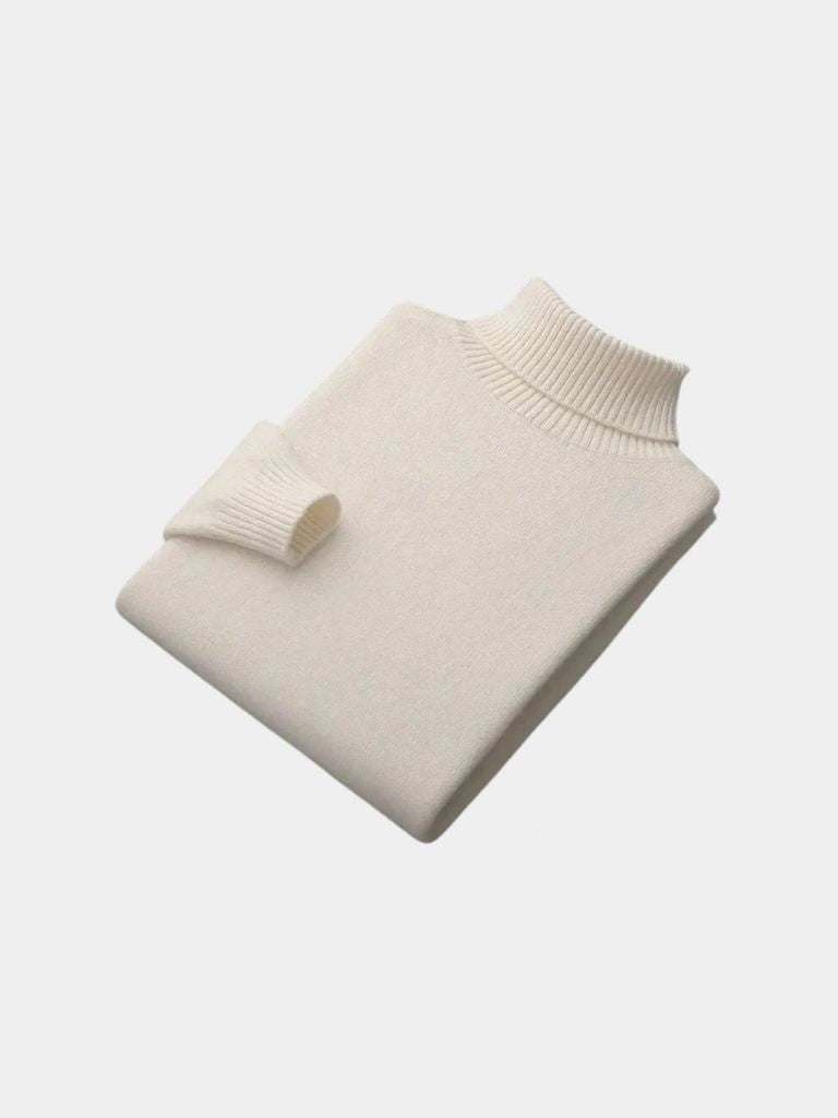Ivory classic turtleneck sweater with ribbed collar slim fit refined knit for office everyday wear
