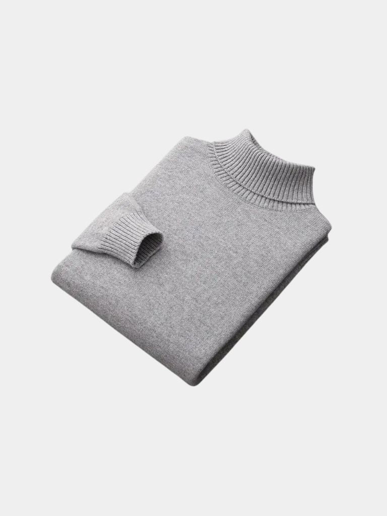 Ivory ribbed turtleneck sweater classic slim fit with high snug collar for refined office style