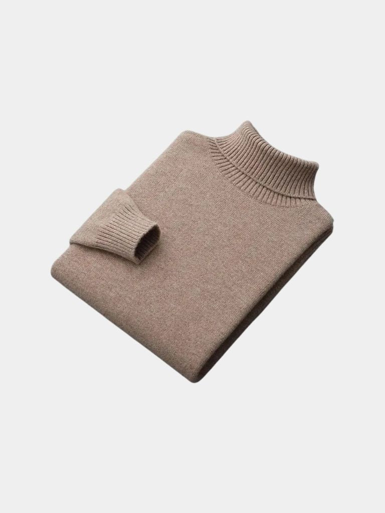 Cream ribbed turtleneck sweater slim office-ready fit with high snug collar and soft knit texture
