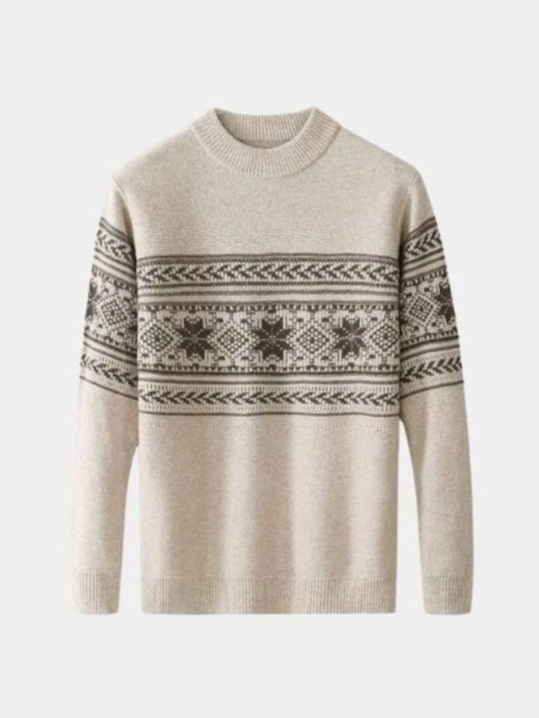 Fair Isle crewneck sweater Nordic pattern wool blend unisex heritage knit in warm neutral tones
