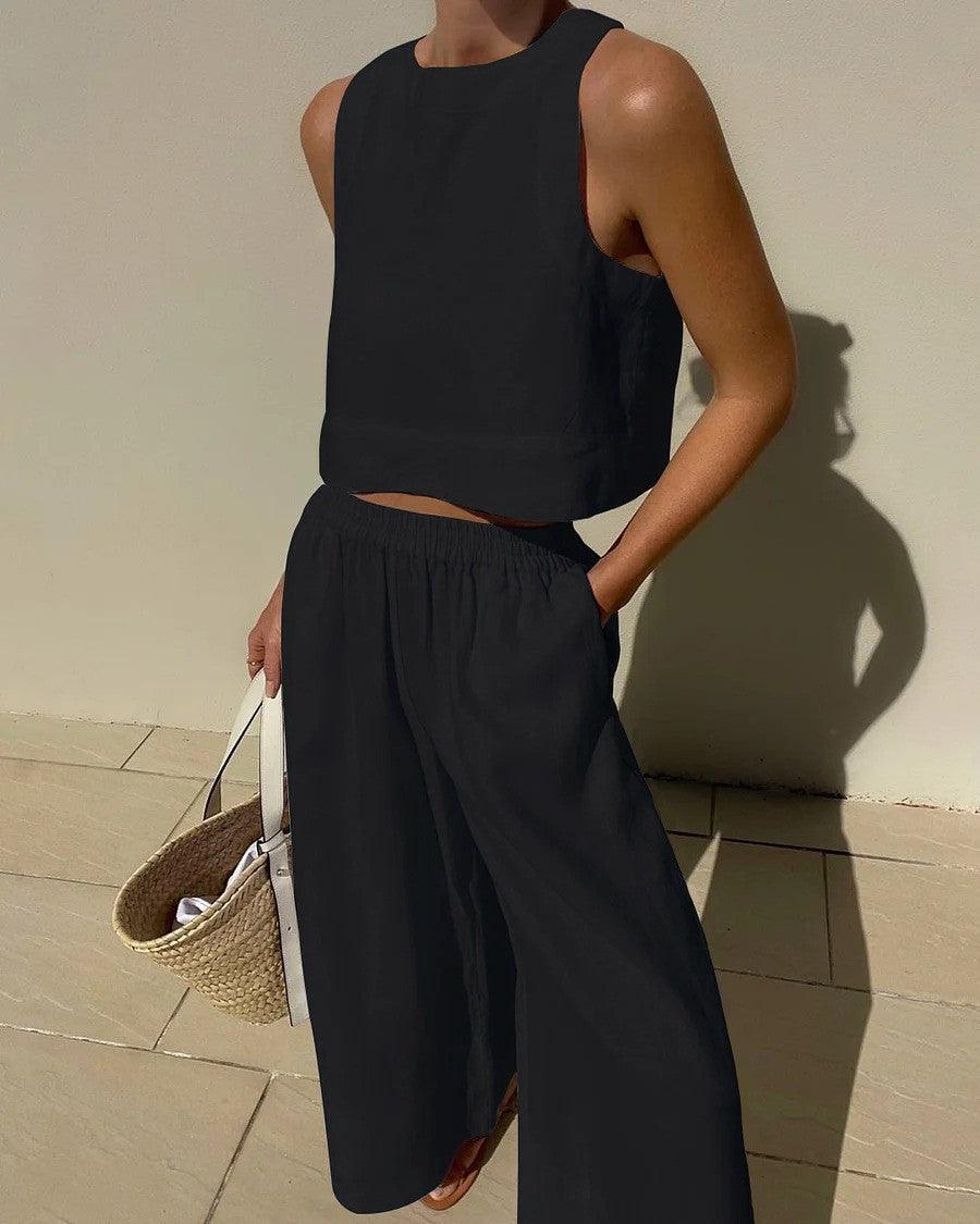 Women solid cotton sleeveless two-piece set chic casual outfit breathable spring summer comfort