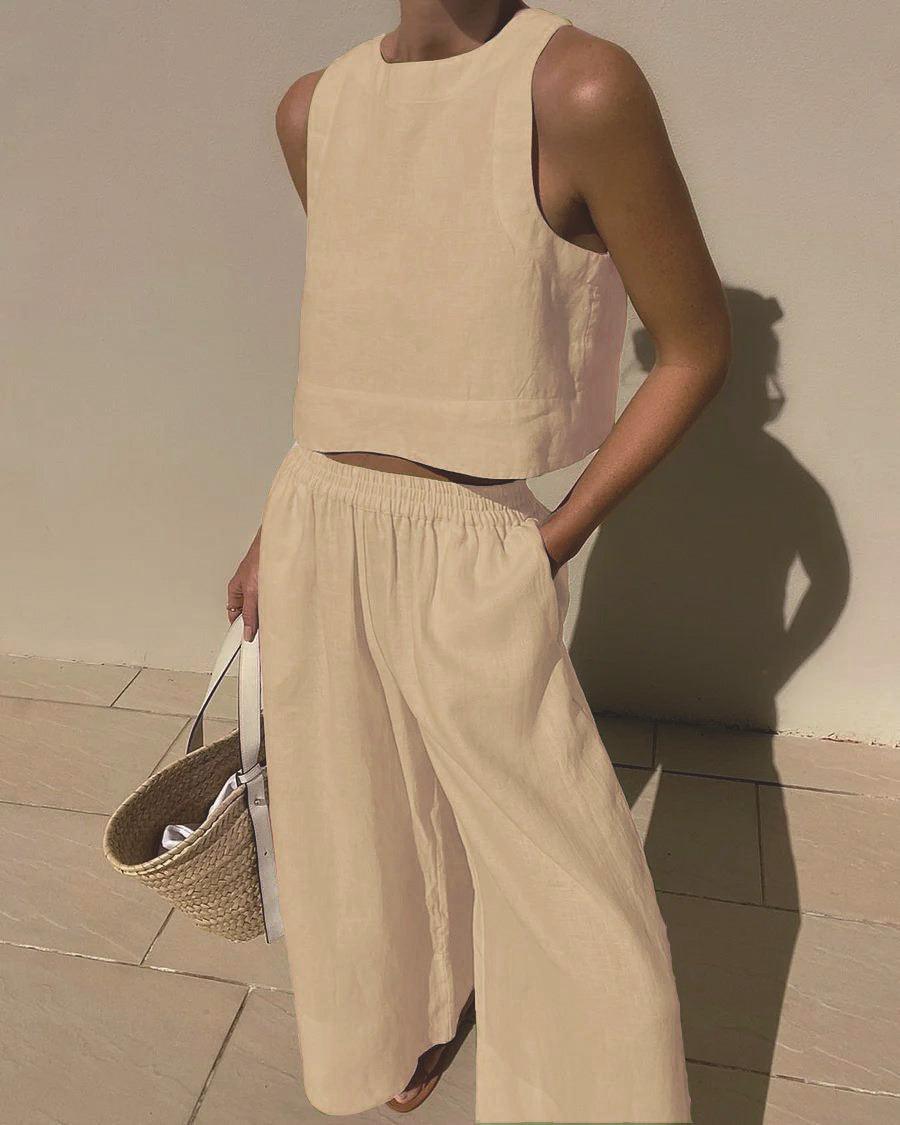 Women's solid cotton sleeveless two-piece set chic casual outfit breathable spring summer coord