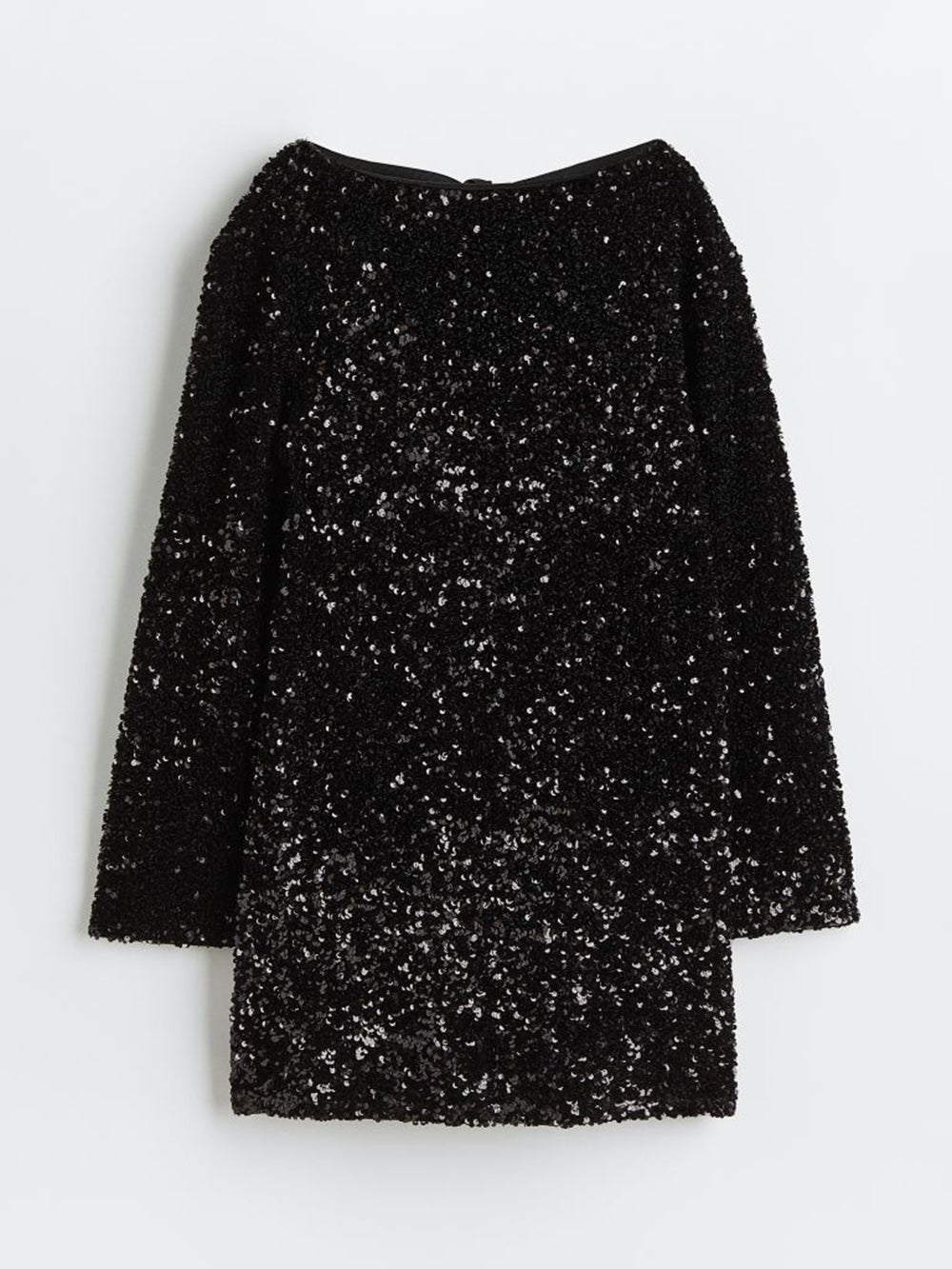 Women's silver sequined long sleeve mini dress with open back bow detail for party evening wear