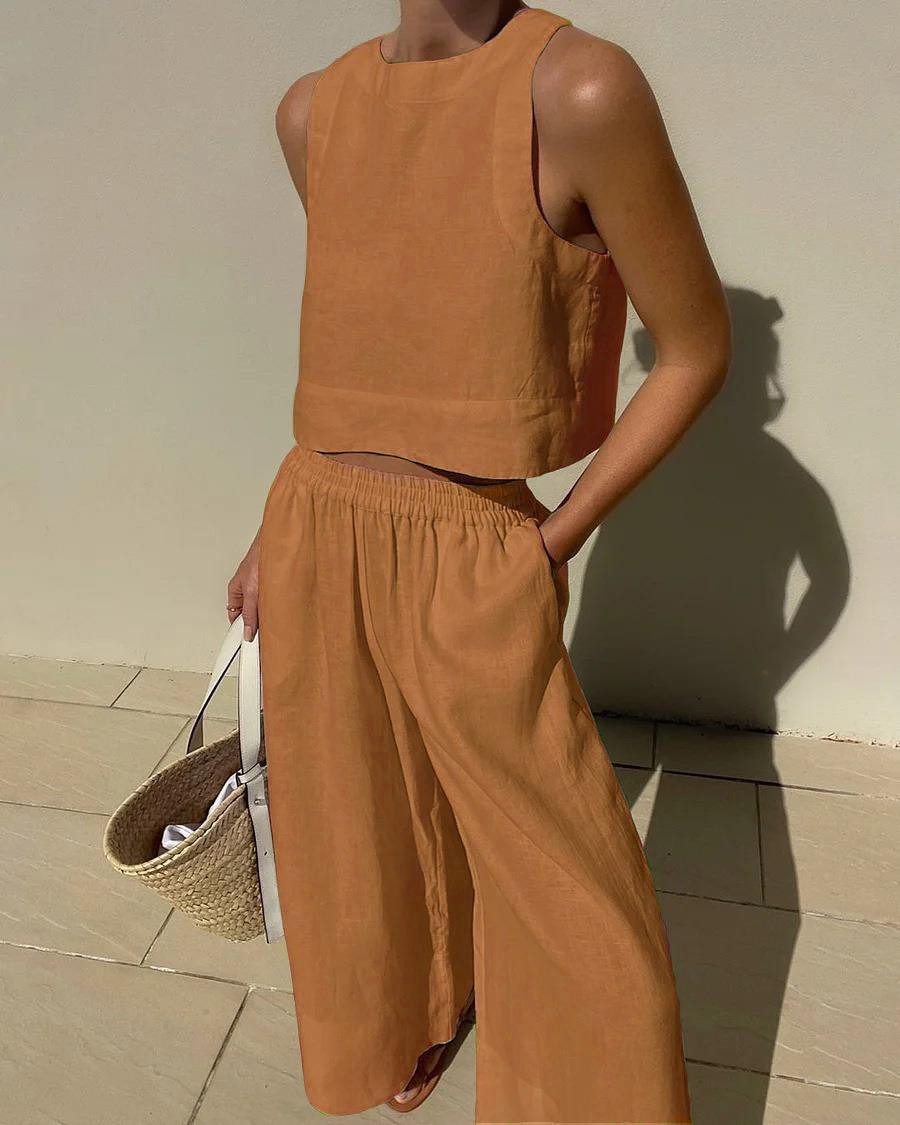 Women breathable cotton sleeveless two-piece set solid color chic casual outfit spring summer