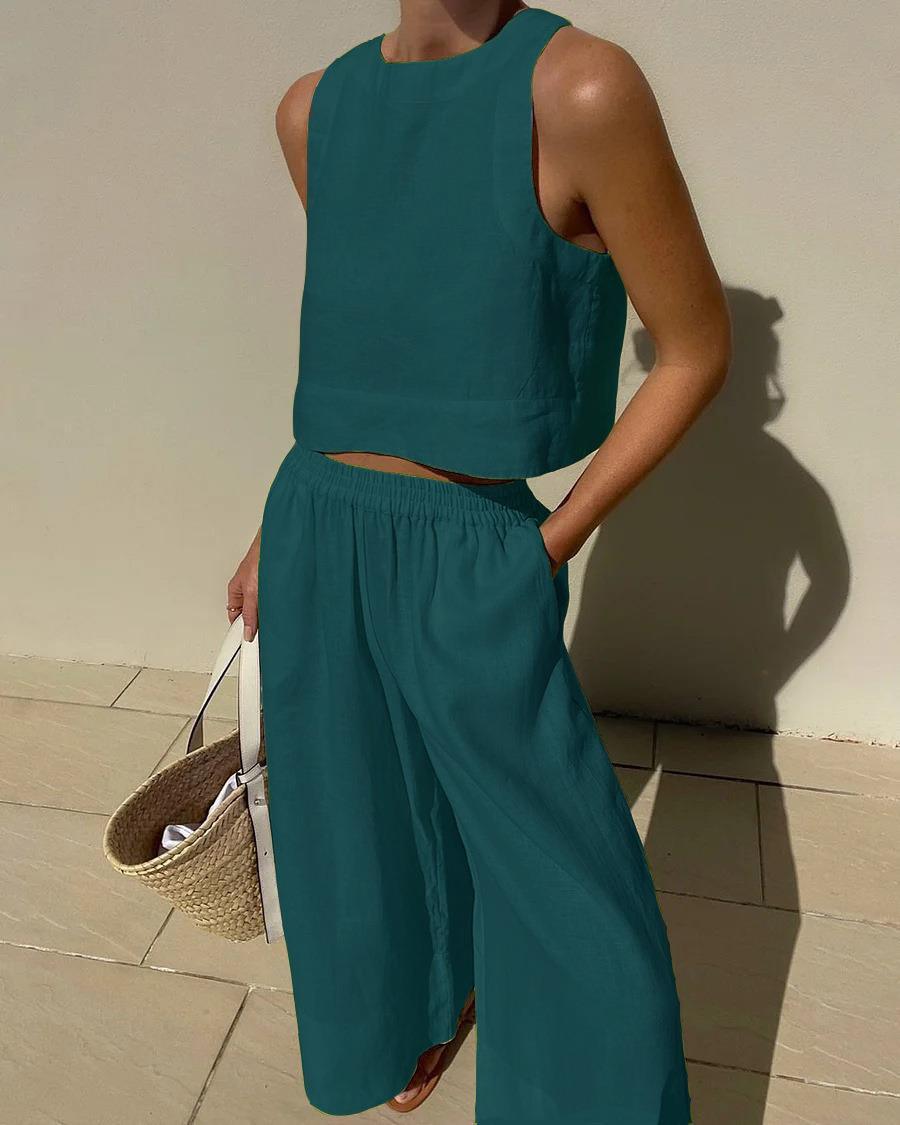 Women cotton sleeveless two-piece set solid color chic casual outfit for spring summer comfort
