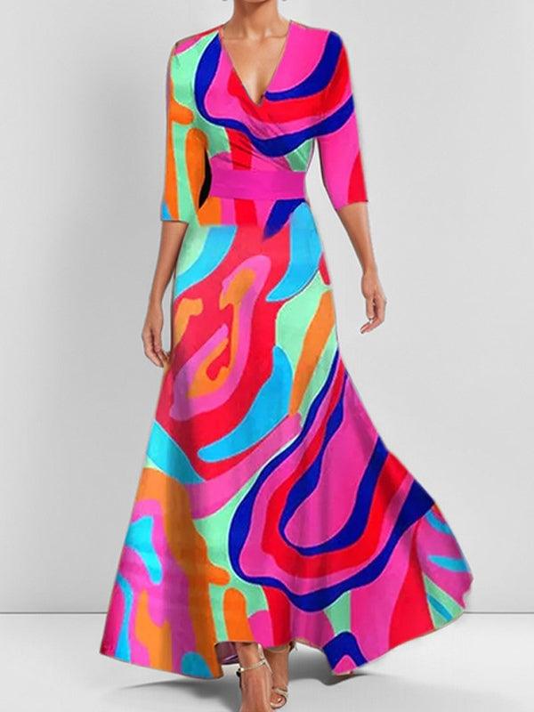 Women's mid sleeve maxi dress cotton-poly blend figure-flattering silhouette breathable comfort