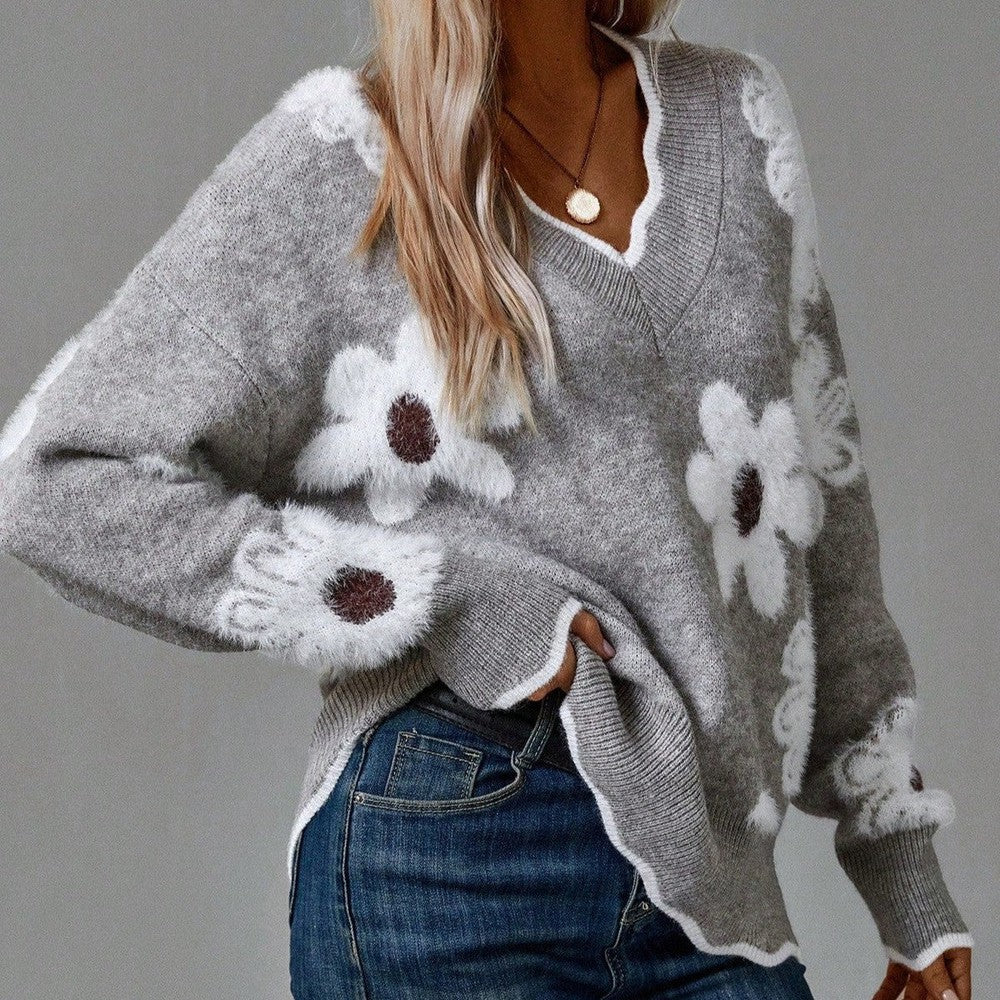 Women's oversized floral knit sweater, soft plush texture, relaxed V-neck, everyday comfort fit