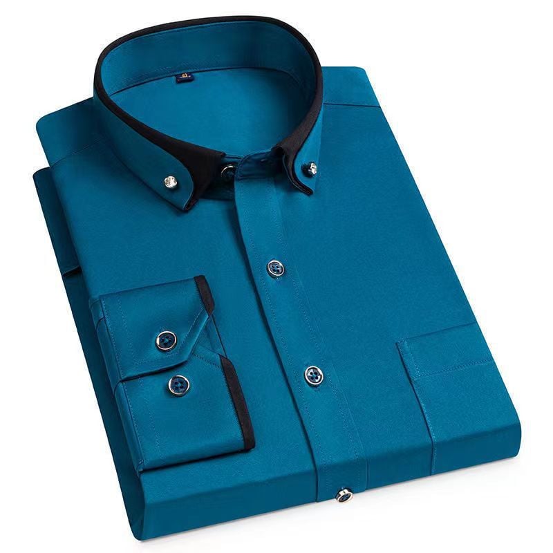 Men's slim-fit long sleeve dress shirt in versatile neutral tone with breathable fabric for office wear