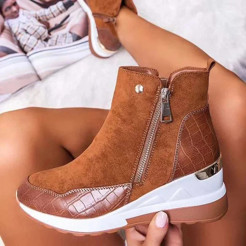 Women's winter wedge ankle boots with side zipper, cushioned sole, stylish comfort heel