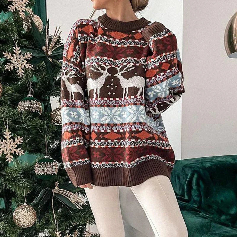 Women's Benjamin cozy relaxed-fit patterned sweater with reindeer motif festive winter warmth