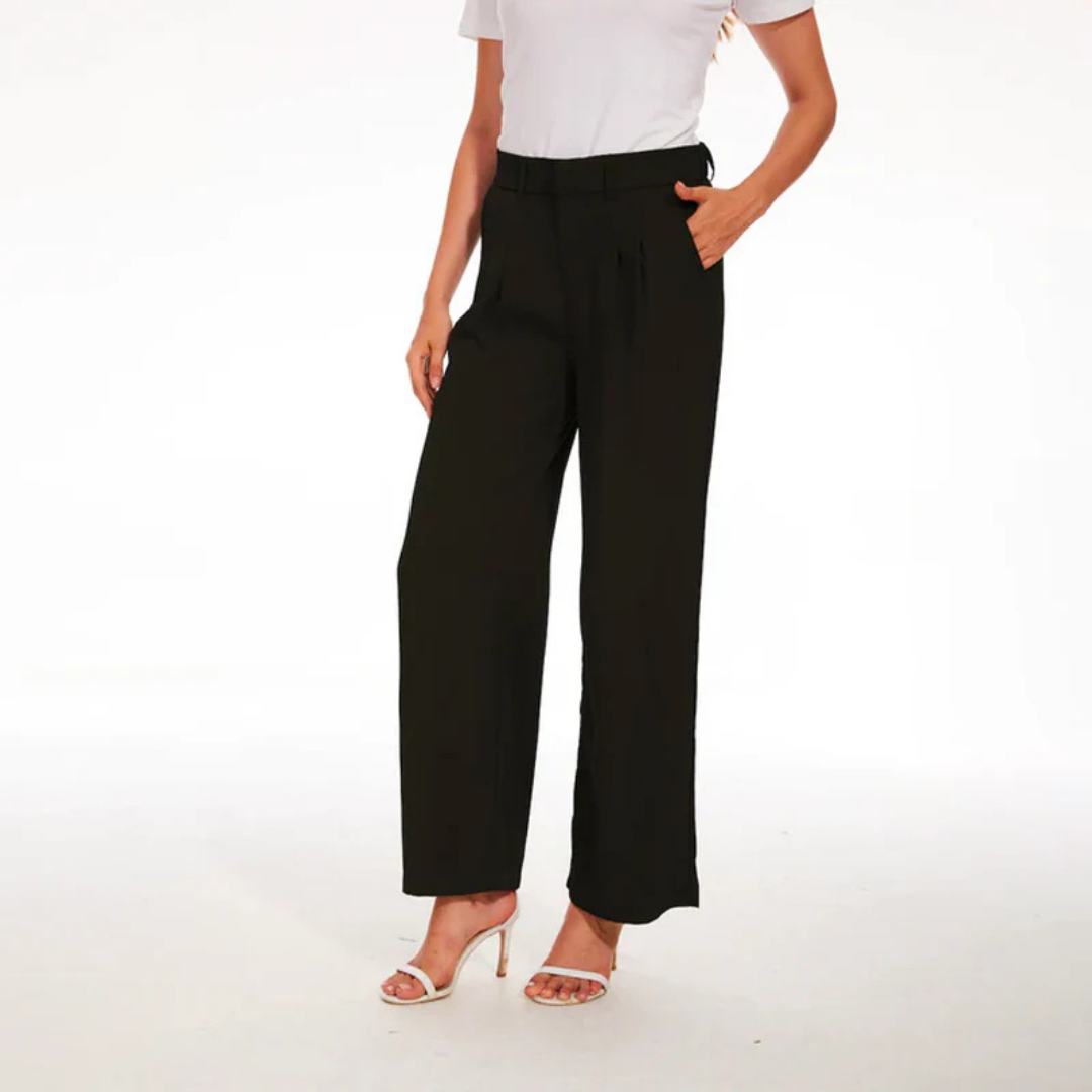 Women's high-waist wide-leg tailored pants with structured waistband for elongated office-ready silhouette