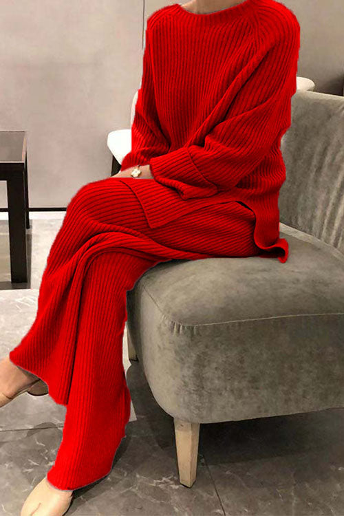 Women's solid color cotton blend knit sweater two-piece set long sleeve cozy casual loungewear