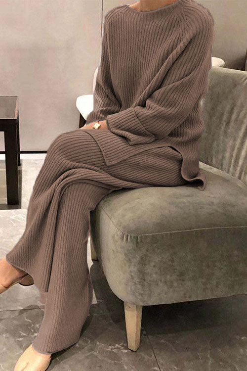 Women's solid color cotton blend knit sweater two-piece set long sleeve cozy casual outfit