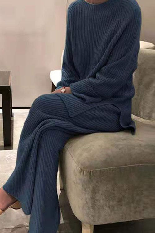 Women's solid color cotton blend knit sweater two-piece set long sleeve casual cozy loungewear