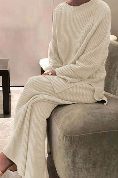 Women's solid color cotton blend knit sweater two-piece set long sleeve cozy casual style