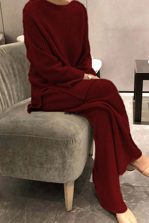 Women's solid color cotton blend knit sweater two-piece set long sleeve cozy casual outfit