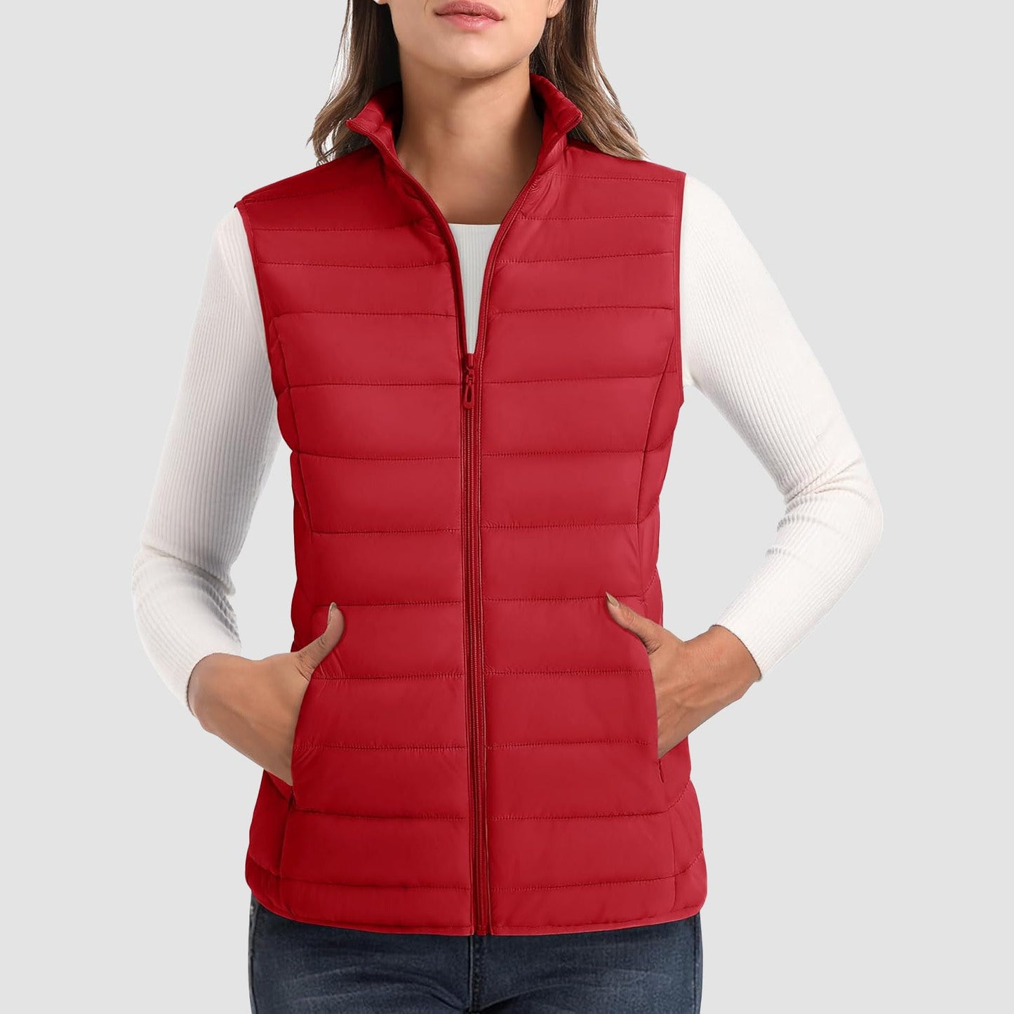 Women's ultralight puffer vest stand collar 4-pocket water-resistant nylon quilted sleeveless jacket