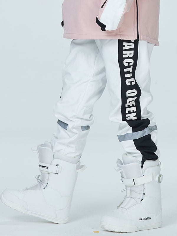Women's white waterproof snow pants regular fit with reflective stripe for backcountry winter sports