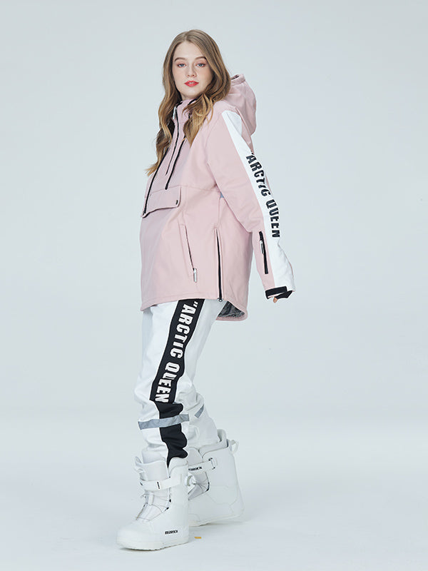 Women's white stripe reflective snow suit set, waterproof winter jacket and pants with visibility detailing