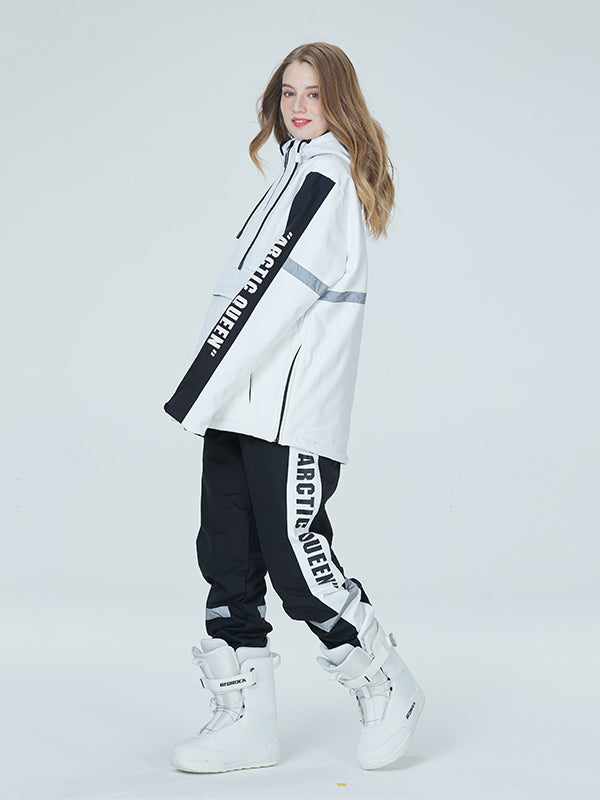 Women's white stripe reflective snow suit, waterproof polyester jacket and pants set for winter