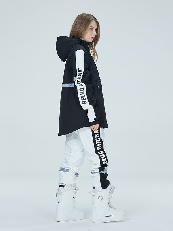 Women's white stripe reflective snow suit, waterproof polyester jacket and pants set for winter